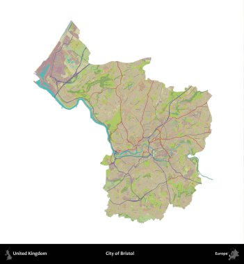 Bristol şehri. Birleşik Krallık 'ın idari alanı bir OpenStreetMap İnsani Harita stili haritasında beyaza izole edildi