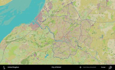 Bristol şehri. Birleşik Krallık 'ın bir OpenStreetMap İnsani Biçim haritasında özetlenmiş idari alanı