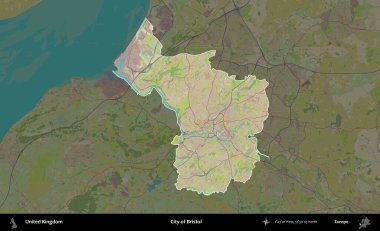 Bristol şehri. Birleşik Krallık 'ın idari alanı karanlık bir OpenStreetMap İnsani Haritası biçiminde vurgulanmış ve özetlenmiştir