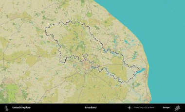 Geniş arazi. Birleşik Krallık 'ın bir OpenStreetMap İnsani Biçim haritasında özetlenmiş idari alanı