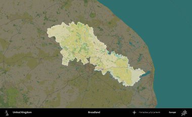Geniş arazi. Birleşik Krallık 'ın idari alanı karanlık bir OpenStreetMap İnsani Haritası biçiminde vurgulanmış ve özetlenmiştir