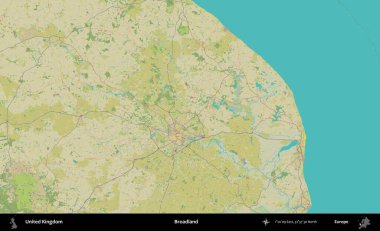 Geniş arazi. Birleşik Krallık 'ın idari alanı bir OpenStreetMap İnsani Biçim haritası üzerinde