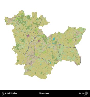 Bromsgrove 'da. Birleşik Krallık 'ın idari alanı bir OpenStreetMap İnsani Harita stili haritasında beyaza izole edildi
