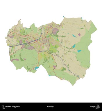 Burnley. Birleşik Krallık 'ın idari alanı bir OpenStreetMap İnsani Harita stili haritasında beyaza izole edildi