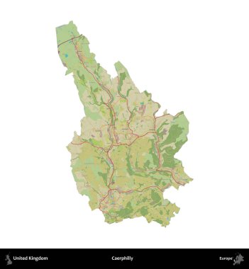 Caerphilly 'de. Birleşik Krallık 'ın idari alanı bir OpenStreetMap İnsani Harita stili haritasında beyaza izole edildi