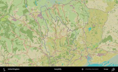 Caerphilly 'de. Birleşik Krallık 'ın bir OpenStreetMap İnsani Biçim haritasında özetlenmiş idari alanı