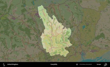 Caerphilly 'de. Birleşik Krallık 'ın idari alanı karanlık bir OpenStreetMap İnsani Haritası biçiminde vurgulanmış ve özetlenmiştir