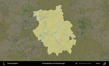 Cambridgeshire ve Peterborough. Birleşik Krallık 'ın idari alanı karanlık bir OpenStreetMap İnsani Haritası biçiminde vurgulanmış ve özetlenmiştir
