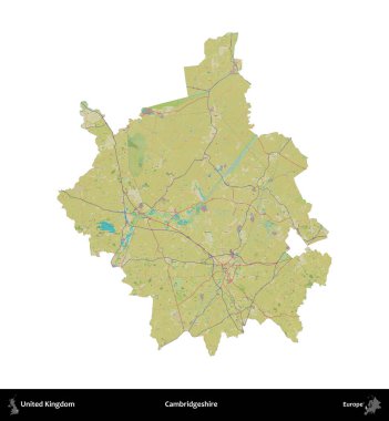 Cambridgeshire. Birleşik Krallık 'ın idari alanı bir OpenStreetMap İnsani Harita stili haritasında beyaza izole edildi