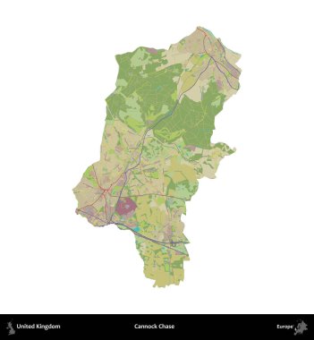 Cannock Chase. Birleşik Krallık 'ın idari alanı bir OpenStreetMap İnsani Harita stili haritasında beyaza izole edildi