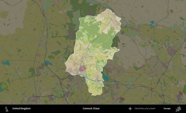 Cannock Chase. Birleşik Krallık 'ın idari alanı karanlık bir OpenStreetMap İnsani Haritası biçiminde vurgulanmış ve özetlenmiştir