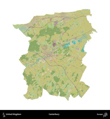 Canterbury 'de. Birleşik Krallık 'ın idari alanı bir OpenStreetMap İnsani Harita stili haritasında beyaza izole edildi