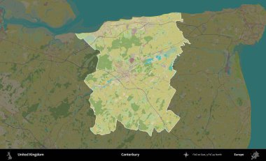 Canterbury 'de. Birleşik Krallık 'ın idari alanı karanlık bir OpenStreetMap İnsani Haritası biçiminde vurgulanmış ve özetlenmiştir
