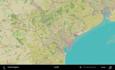 Cardiff. Birleşik Krallık 'ın bir OpenStreetMap İnsani Biçim haritasında özetlenmiş idari alanı