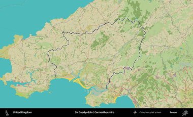 Sör Gaerfyrddin / Carmarthenshire. Birleşik Krallık 'ın bir OpenStreetMap İnsani Biçim haritasında özetlenmiş idari alanı