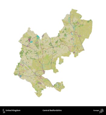 Bedfordshire Merkez. Birleşik Krallık 'ın idari alanı bir OpenStreetMap İnsani Harita stili haritasında beyaza izole edildi