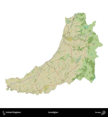 Ceredigion. Birleşik Krallık 'ın idari alanı bir OpenStreetMap İnsani Harita stili haritasında beyaza izole edildi