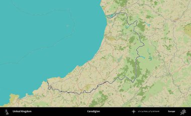 Ceredigion. Birleşik Krallık 'ın bir OpenStreetMap İnsani Biçim haritasında özetlenmiş idari alanı