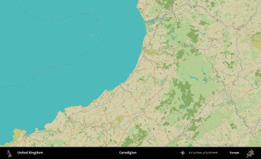 Ceredigion. Birleşik Krallık 'ın idari alanı bir OpenStreetMap İnsani Biçim haritası üzerinde