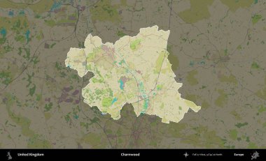 Charnwood 'da. Birleşik Krallık 'ın idari alanı karanlık bir OpenStreetMap İnsani Haritası biçiminde vurgulanmış ve özetlenmiştir