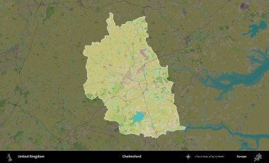 Chelmsford 'da. Birleşik Krallık 'ın idari alanı karanlık bir OpenStreetMap İnsani Haritası biçiminde vurgulanmış ve özetlenmiştir