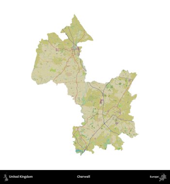 Cherwell. Birleşik Krallık 'ın idari alanı bir OpenStreetMap İnsani Harita stili haritasında beyaza izole edildi