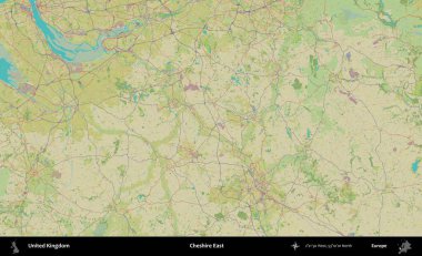 Doğu Cheshire. Birleşik Krallık 'ın idari alanı bir OpenStreetMap İnsani Biçim haritası üzerinde
