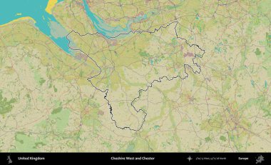 Cheshire West ve Chester. Birleşik Krallık 'ın bir OpenStreetMap İnsani Biçim haritasında özetlenmiş idari alanı