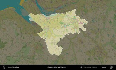 Cheshire West ve Chester. Birleşik Krallık 'ın idari alanı karanlık bir OpenStreetMap İnsani Haritası biçiminde vurgulanmış ve özetlenmiştir