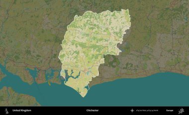Chichester. Birleşik Krallık 'ın idari alanı karanlık bir OpenStreetMap İnsani Haritası biçiminde vurgulanmış ve özetlenmiştir