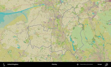 Chorley. Birleşik Krallık 'ın bir OpenStreetMap İnsani Biçim haritasında özetlenmiş idari alanı