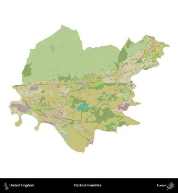 Clackmannanshire. Birleşik Krallık 'ın idari alanı bir OpenStreetMap İnsani Harita stili haritasında beyaza izole edildi
