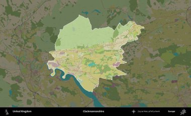 Clackmannanshire. Birleşik Krallık 'ın idari alanı karanlık bir OpenStreetMap İnsani Haritası biçiminde vurgulanmış ve özetlenmiştir