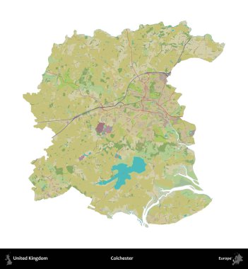 Colchester 'da. Birleşik Krallık 'ın idari alanı bir OpenStreetMap İnsani Harita stili haritasında beyaza izole edildi