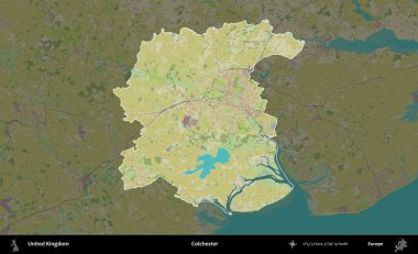 Colchester 'da. Birleşik Krallık 'ın idari alanı karanlık bir OpenStreetMap İnsani Haritası biçiminde vurgulanmış ve özetlenmiştir