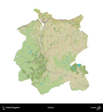 Conwy. Birleşik Krallık 'ın idari alanı bir OpenStreetMap İnsani Harita stili haritasında beyaza izole edildi