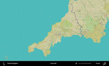 Cornwall 'da. Birleşik Krallık 'ın bir OpenStreetMap İnsani Biçim haritasında özetlenmiş idari alanı