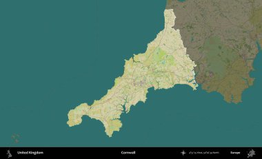 Cornwall 'da. Birleşik Krallık 'ın idari alanı karanlık bir OpenStreetMap İnsani Haritası biçiminde vurgulanmış ve özetlenmiştir