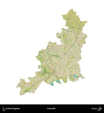 Cotswold. Birleşik Krallık 'ın idari alanı bir OpenStreetMap İnsani Harita stili haritasında beyaza izole edildi