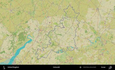 Cotswold. Birleşik Krallık 'ın bir OpenStreetMap İnsani Biçim haritasında özetlenmiş idari alanı