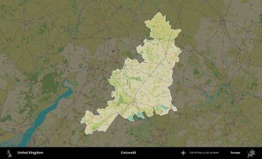 Cotswold. Birleşik Krallık 'ın idari alanı karanlık bir OpenStreetMap İnsani Haritası biçiminde vurgulanmış ve özetlenmiştir
