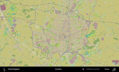 Coventry. Birleşik Krallık 'ın bir OpenStreetMap İnsani Biçim haritasında özetlenmiş idari alanı