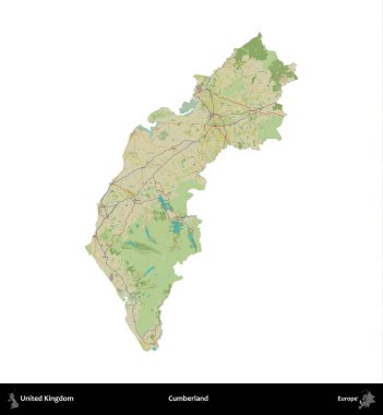 Cumberland. Birleşik Krallık 'ın idari alanı bir OpenStreetMap İnsani Harita stili haritasında beyaza izole edildi