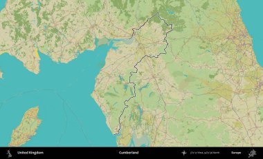 Cumberland. Birleşik Krallık 'ın bir OpenStreetMap İnsani Biçim haritasında özetlenmiş idari alanı