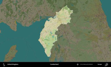 Cumberland. Birleşik Krallık 'ın idari alanı karanlık bir OpenStreetMap İnsani Haritası biçiminde vurgulanmış ve özetlenmiştir