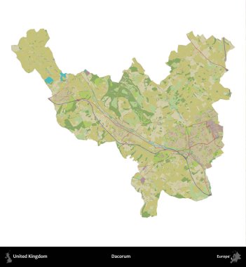 Dacorum. Birleşik Krallık 'ın idari alanı bir OpenStreetMap İnsani Harita stili haritasında beyaza izole edildi