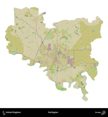 Darlington. Birleşik Krallık 'ın idari alanı bir OpenStreetMap İnsani Harita stili haritasında beyaza izole edildi