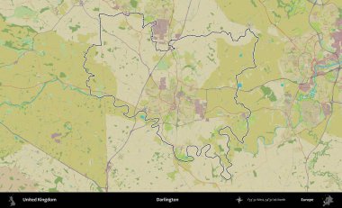 Darlington. Birleşik Krallık 'ın bir OpenStreetMap İnsani Biçim haritasında özetlenmiş idari alanı