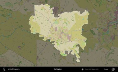 Darlington. Birleşik Krallık 'ın idari alanı karanlık bir OpenStreetMap İnsani Haritası biçiminde vurgulanmış ve özetlenmiştir