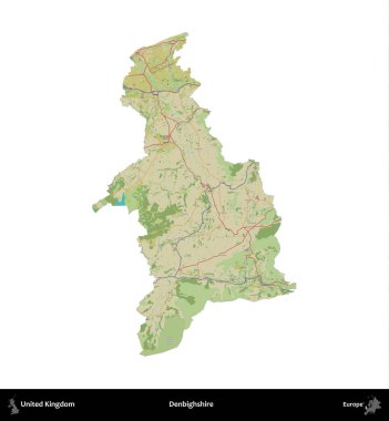Denbighshire 'da. Birleşik Krallık 'ın idari alanı bir OpenStreetMap İnsani Harita stili haritasında beyaza izole edildi